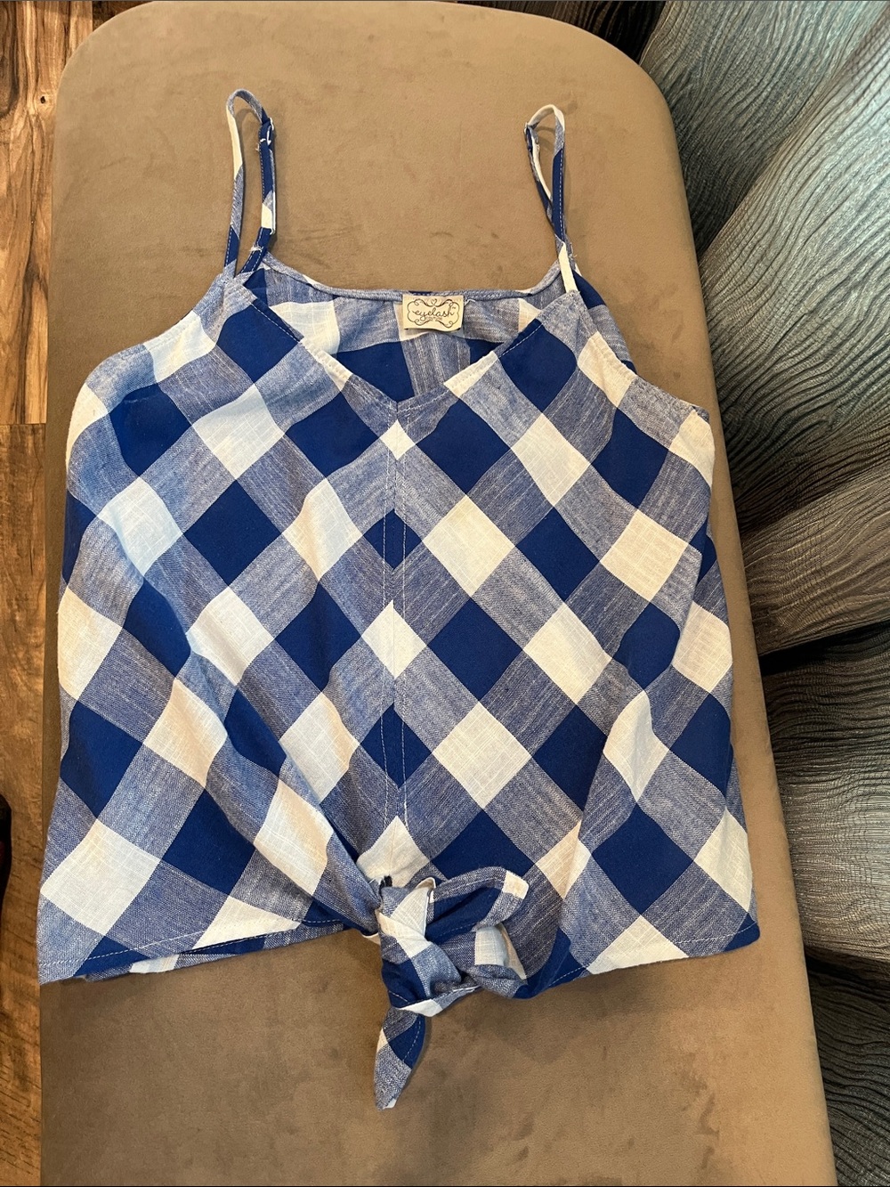 eyelash couture Blue and White Gingham Tie-Knot Top